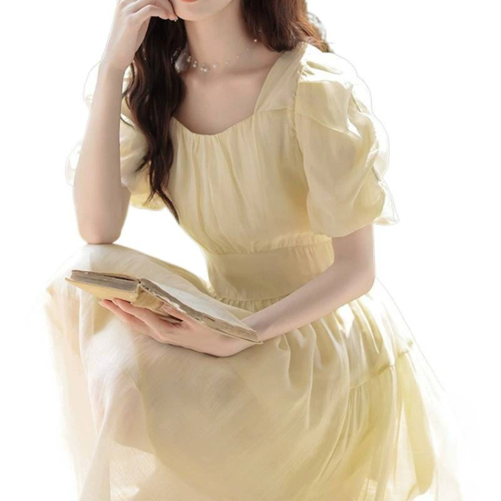 Womens Beige Puff Sleeve Dress Summer French Chic Tea Party Cinched Waist A Line